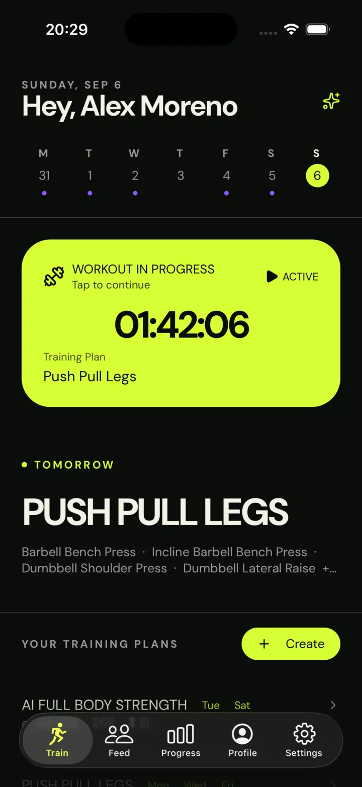 ariex.fit home screen with the active workout timer and training plans