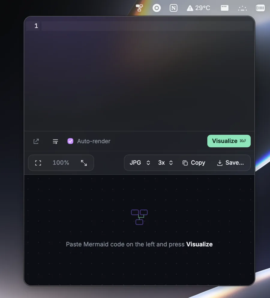 mermlaid popover with the Mermaid editor, render controls and export options