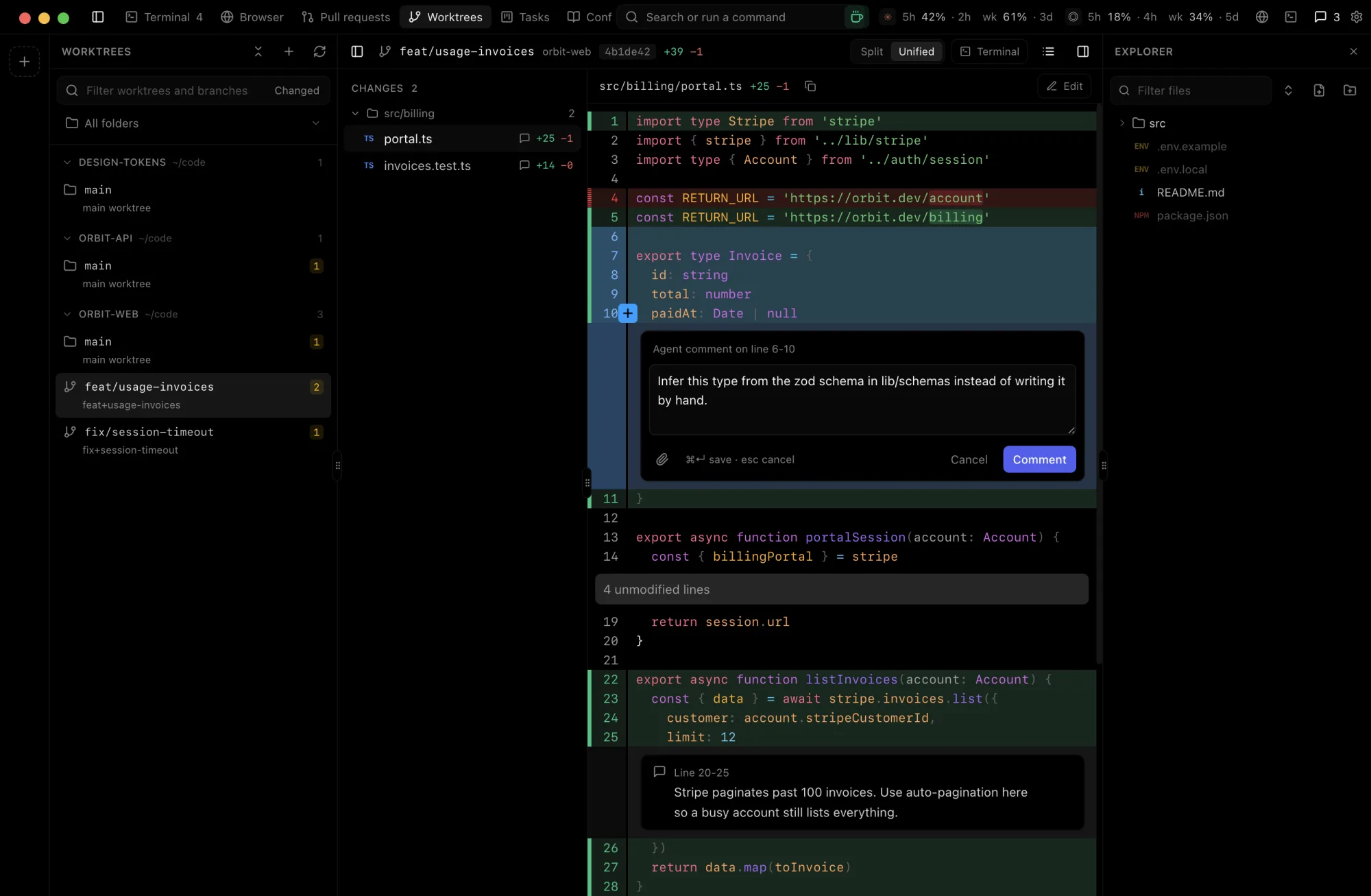 Treeix showing the diff of the feat/usage-invoices worktree with a comment being written on lines 6 to 10