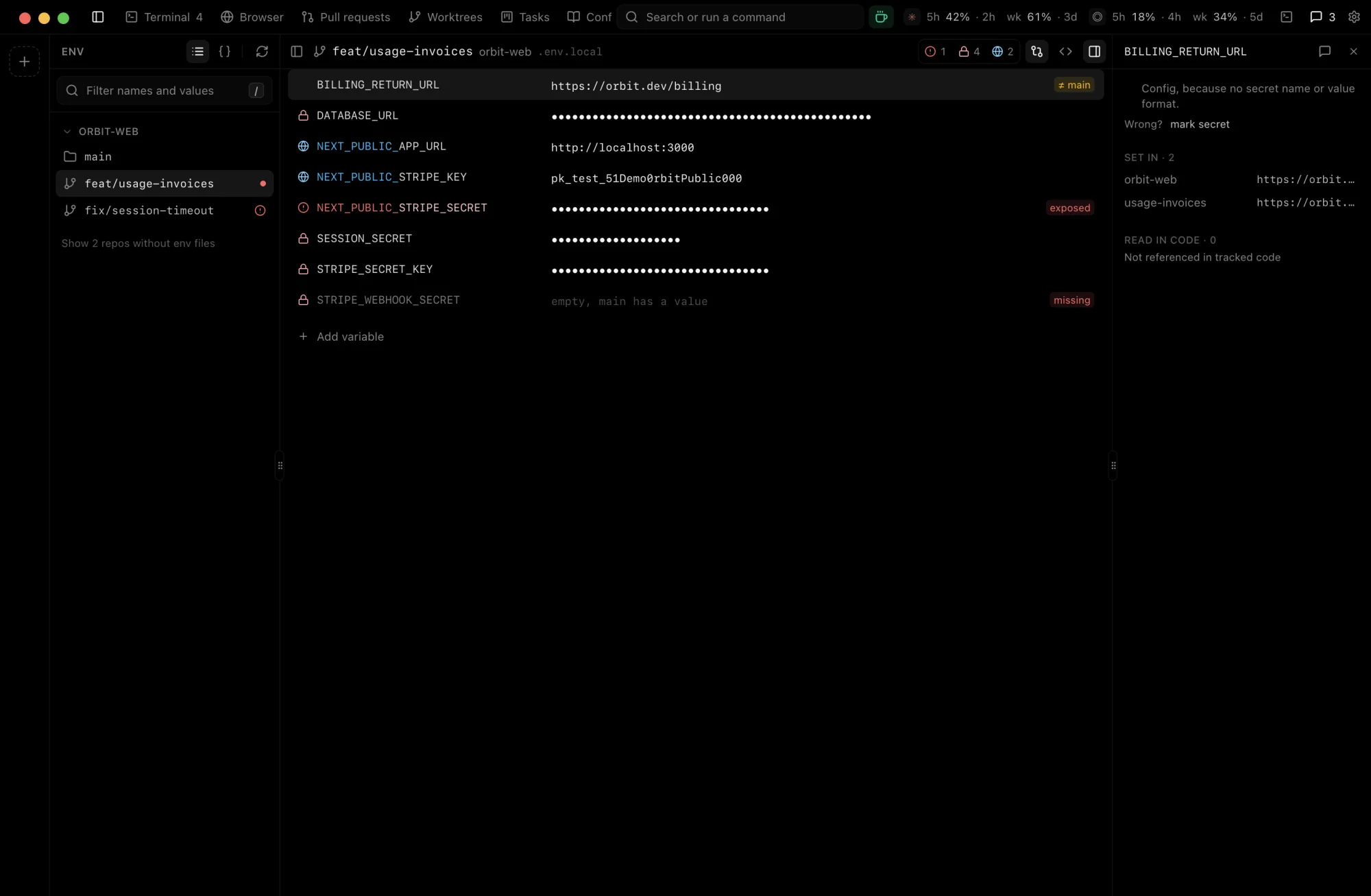 The Env tab listing variables of feat/usage-invoices, with one exposed secret and one missing webhook secret flagged