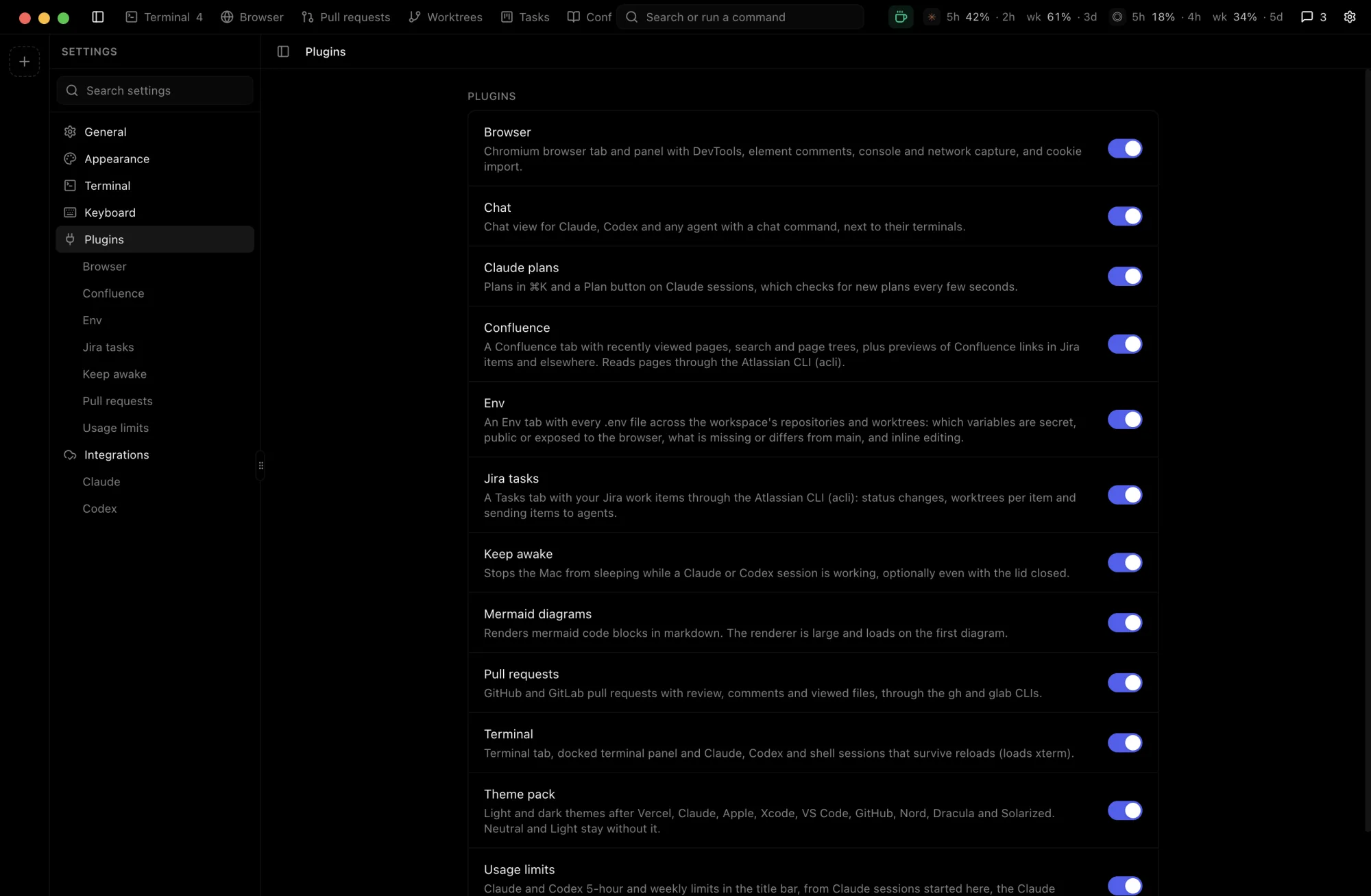 Settings, Plugins page with a toggle for each plugin