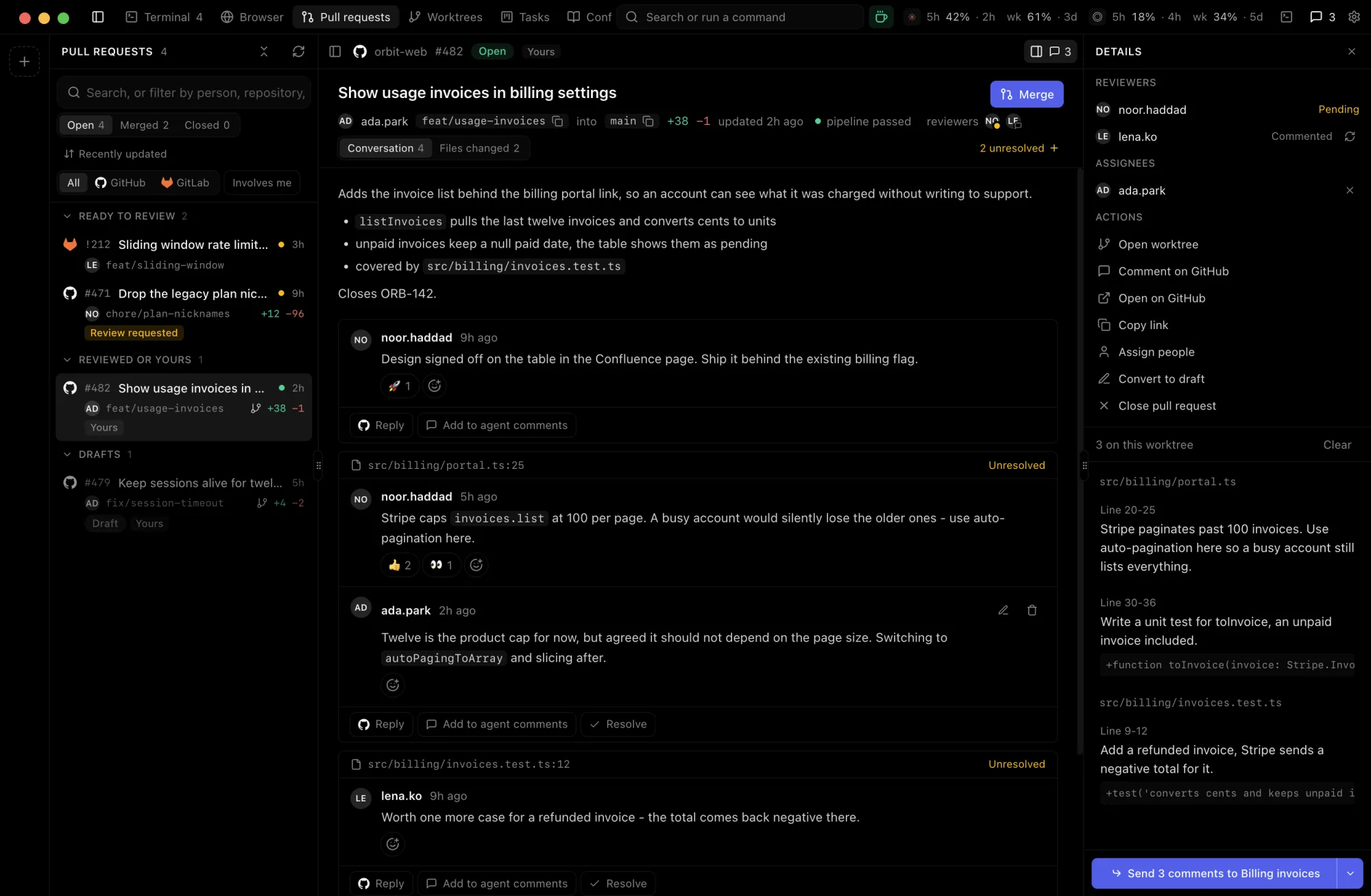 A pull request with review threads and the Add to agent comments button
