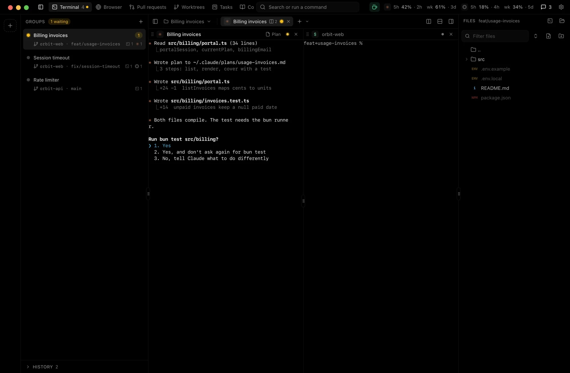 Terminal page with three agent groups, a Claude session asking to run the tests, and a badge on its group